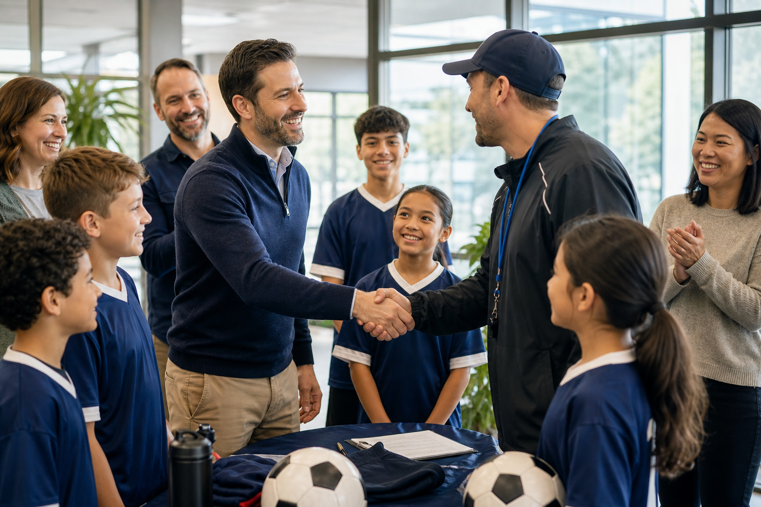 Small business owner shaking hands with a youth team coach
